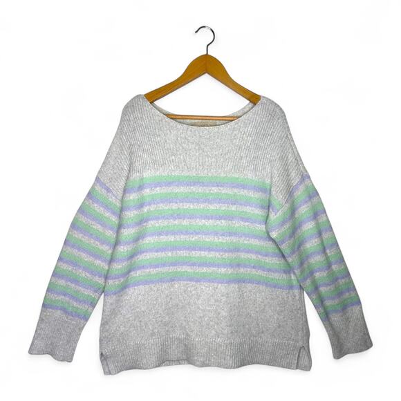 Ann Taylor LOFT Women's Striped Boat Neck Sweater XL Light Gray Mint Lavender - Picture 1 of 8